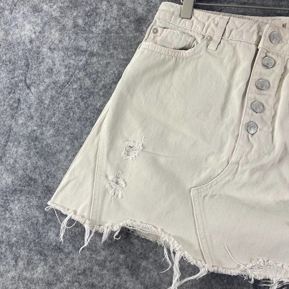 Free People Skirt 31 Beige Denim High Rise Distressed Mini Button Fly - Picture 6 of 11